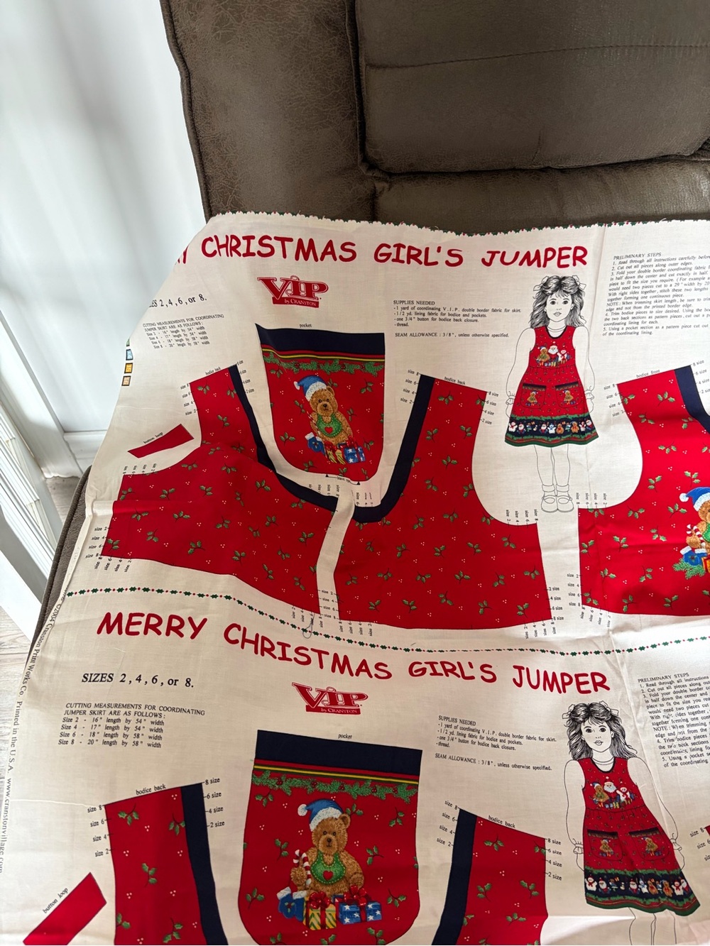 4/$100 Christmas Girl's Jumper Fabric Panel - Red & Cream Holiday Print